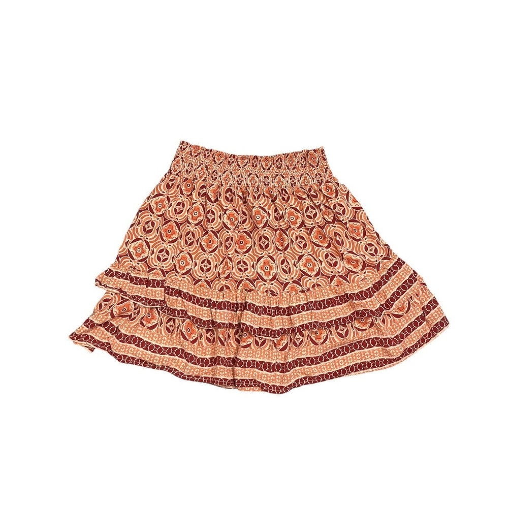 Rachel Zoe Bohemian Medallion Smocked Tiered Orange Ruffle Mini Skirt Size S